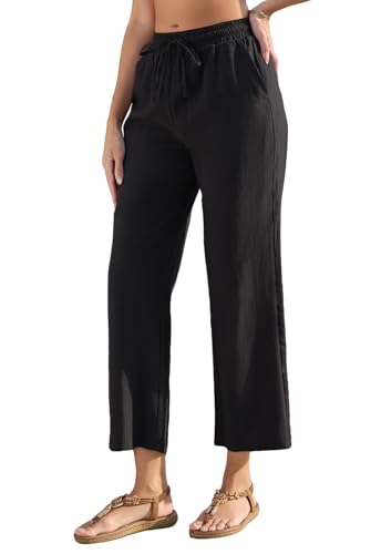 Fourindo Sommerhose Damen Leicht Leinenhose Damen Weites Bein Sommer Hosen Hohe Taille Stoffhose mit Taschen Bequeme Causal Locker Palazzo Hose von Fourindo