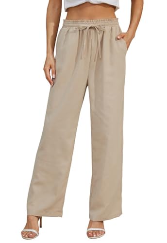 Fourindo Hosen Damen Weites Bein Sommerhose Damen Leicht Elegant Hose Causal Locker Hohe Taille Stoffhose Freizeithose Palazzo Hose mit Tunnelzug von Fourindo