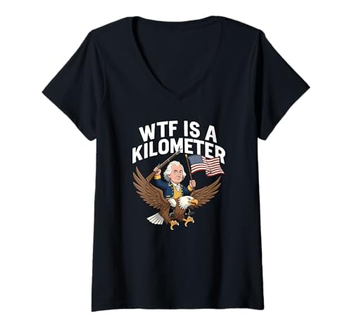 Damen WTF Is A Kilometer Funny 4th Of Juli Ben Franklin T-Shirt mit V-Ausschnitt von Fourth Of July Novelty Apparel