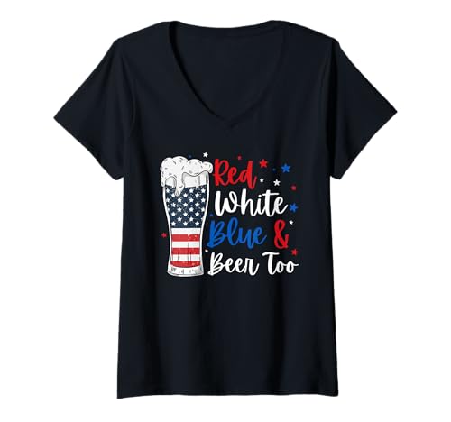 Damen Rot, Weiß, Blau und Bier zu lustig 4. Juli Top Drinking T-Shirt mit V-Ausschnitt Damen Rot, Weiß, Blau und Bier zu lustig 4. Juli Top Drinking T-Shirt mit V-Ausschnitt von Fourth of July Patriotic American Flag Men Women
