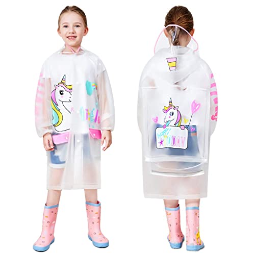 Fouyada Regenmäntel Mädchen Kinder Regenponcho Wasserdichte Regenjacken Rucksackabdeckung Jungen Outdoor Transparente Regenbekleidung Mit Tragbarer Tasche mit Rucksackposition von Fouyada