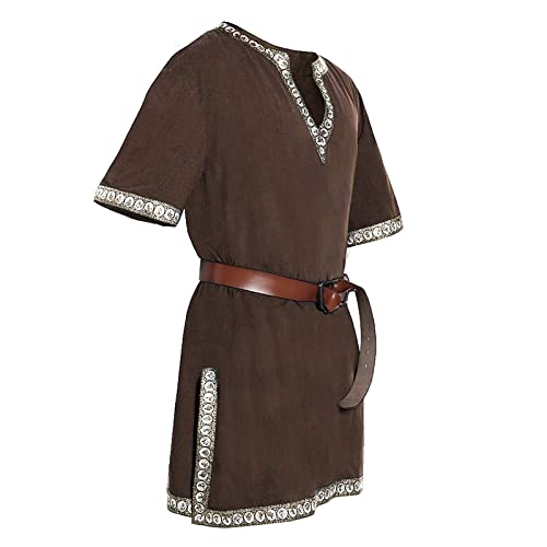 Foweknow Blusen Herren Mittelalter Tunika Kurzarm V-Ausschnitt Retro Hemd Mittelalter Ritter Tunika Kostüm Cospaly Party Outfit Wikinger Ritter Pirat Kleidung Steampunk Renaissance Tunika von Foweknow