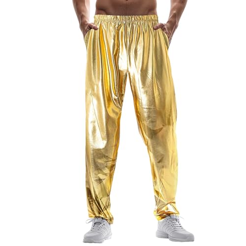 Foweknow Chino Hose Herren Metallic Glänzend Sporthose Elastische Taille Jogginghose Loose Fit Trainingshose Tanzhose Glitzer Modische Freizeithose 70Er 80Er Jahre Disco Party Fasching Outfit von Foweknow