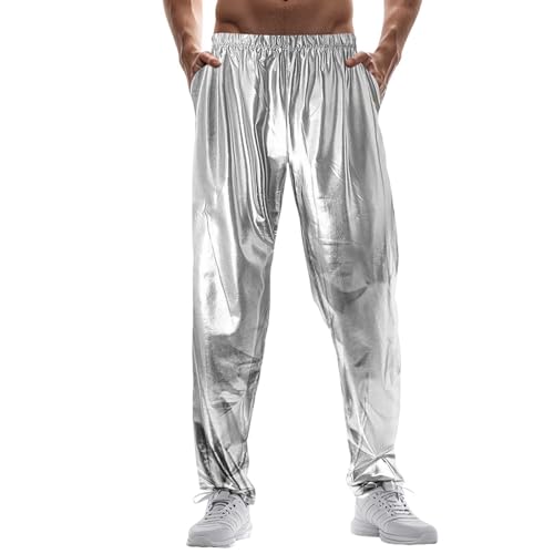 Foweknow Chino Hose Herren Metallic Glänzend Sporthose Elastische Taille Jogginghose Loose Fit Trainingshose Tanzhose Glitzer Modische Freizeithose 70Er 80Er Jahre Disco Party Fasching Outfit von Foweknow