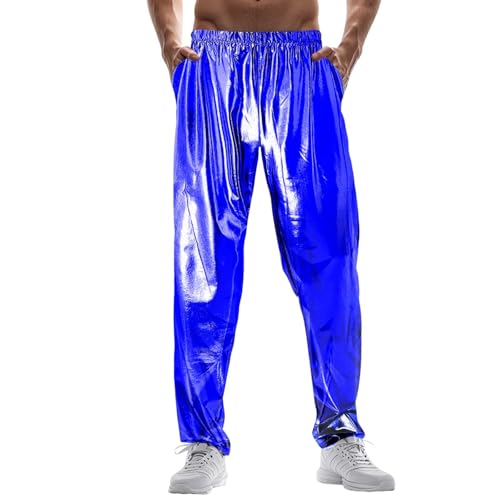 Foweknow Chino Hose Herren Metallic Glänzend Sporthose Elastische Taille Jogginghose Loose Fit Trainingshose Tanzhose Glitzer Modische Freizeithose 70Er 80Er Jahre Disco Party Fasching Outfit von Foweknow