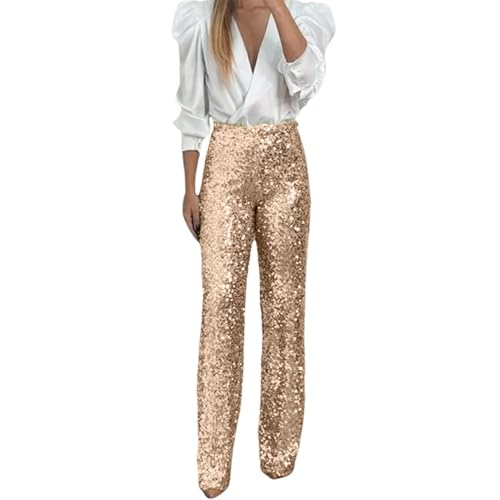 Foweknow Damen Metallic Schlaghose Weite Bein Pailettenhose Glitzer Hoher Bund Ausgestellte Hose Einfarbig Metallic Glänzend Freizeithose Lange Hosen Party Clubwear Faschingskostüm von Foweknow