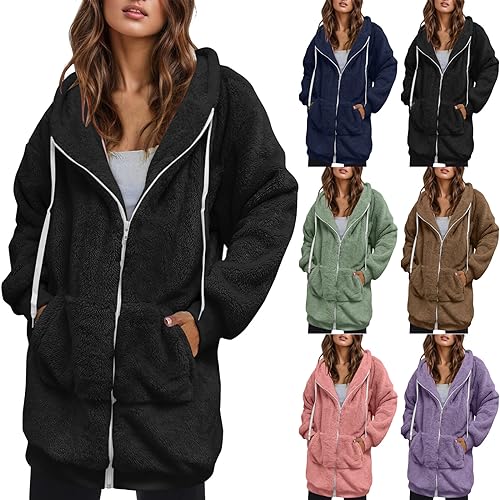 Foweknow Fleecejacke Damen Elegant Teddy Jacke Mit Kapuze Lang Große Größen Winterjacke Warm Gefüttert Wintermantel Vintage Hoodies Für Damen Herbst Winter Fleece Übergangsmantel Plüschmantel von Foweknow