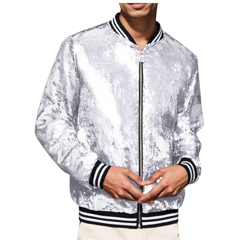 Foweknow Glitzer Jacke Herren Metallic Pailletten Bomberjacke 70er Disco Party Kostüm Glänzend Varsity Jacket Harajuku Hip Hop Streetwear Fliegerjacken Baseballmantel Collegejacke von Foweknow