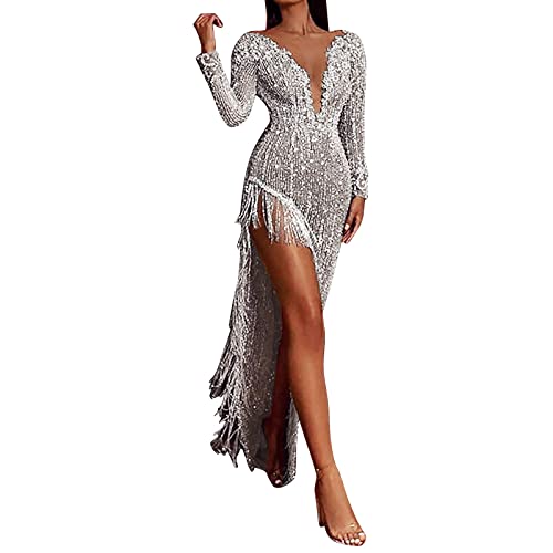 Foweknow Glitzerkleid Damen Langarm V Ausschnitt Paillettenkleid Glitzerkleid Elegant Hohe Taille Schulterfrei A-Linien Freizeitkleid Kurze Abendkleider Sexy Partykleid Ballkleid von Foweknow