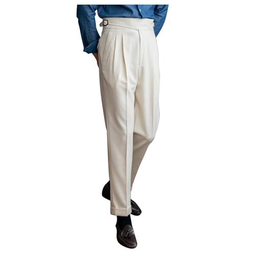 Foweknow Gurkha Hose Herren Hohe Taille Gerade Fischgrätenmuster Anzughosen Vintage Italienisch Neapel Hose Ohne Gürtel Schmale Passform Businesshose Regular Fit Freizeithose Stoffhose von Foweknow