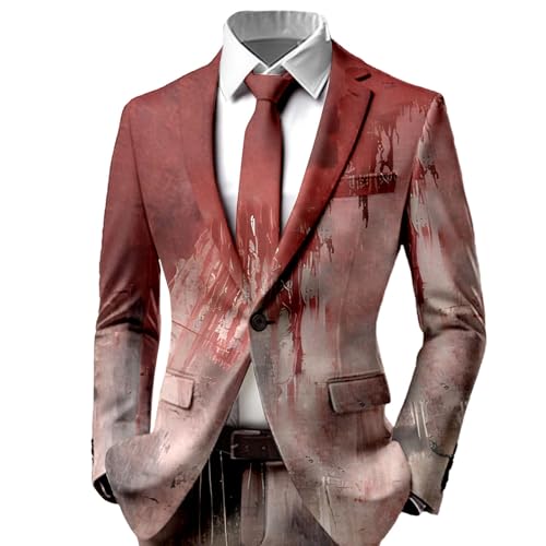 Foweknow Halloween Kostüm Herren Sakko Sportlich Modern Blazer Blutspritzer Muster Entsetzen Blutig Bedruckt Anzugjacke Horror Outfits Festival Lässig Jacken Langarm Slim Fit Sportsakko von Foweknow