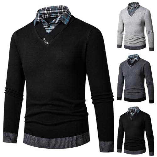 Foweknow Hemd Pullover Herren 2 in 1 Langarm Strick-Pullover mit V-Ausschnitt Slim Fit Schlicht Casual Strickjacke Sweatshirt Winterpullover Pulli Foweknow Hemd Pullover Herren 2 in 1 Langarm Strick-Pullover mit V-Ausschnitt Slim Fit Schlicht Casual Strickjacke Sweatshirt Winterpullover Pulli von Foweknow