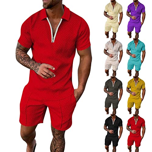 Foweknow Herren Trainingsanzug Sommer Sportanzug 2 Teiliges Business Polo Hemd Set Kurzarm T-Shirts Kurze Hose Freizeitanzug von Foweknow