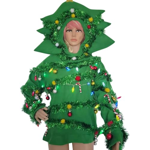 Foweknow Herren Weihnachtsbaum Poncho Kostüm Für Erwachsene Schleife Ball Dekoration Kapuzenumhang Unisex Hässliche Cosplay Festlich Party Outfit Für Herren Und Damen Weihnachtsmann Tops von Foweknow