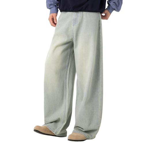 Foweknow Jeans Herren Baggy Gestreift Jeanshose Weite Bein Lockere Passform Retro-Jeans Straight Leg Gewaschene Herrenjeans Teenager Jungen Skateboard Streetwear Herbst Winter Outdoorhose von Foweknow