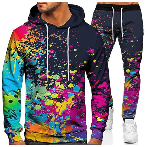 Foweknow Jogginganzug Herren Bunt Druck Sportanzug Modische Hoodie Sweatpants Set Persönlichkeit Streetwear Laufanzug Bequeme Kapuzenpullover Lässig Sporthose 2 Teiler Outfit von Foweknow