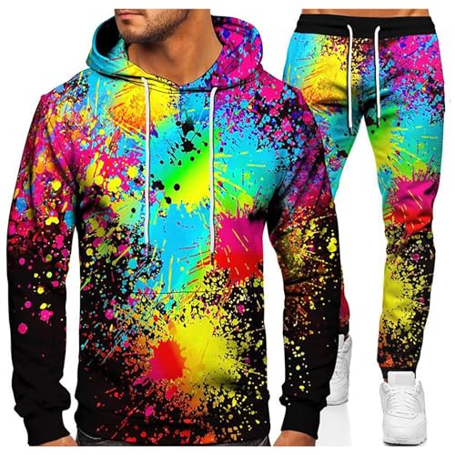 Foweknow Jogginganzug Herren Bunt Druck Sportanzug Modische Hoodie Sweatpants Set Persönlichkeit Streetwear Laufanzug Bequeme Kapuzenpullover Lässig Sporthose 2 Teiler Outfit von Foweknow