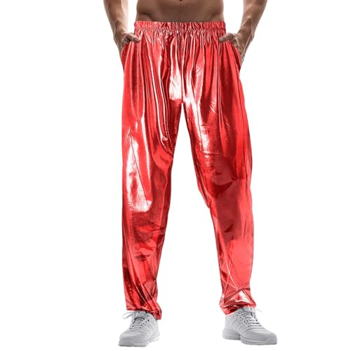 Foweknow Jogginghose Herren Glänzend Chino Hose Disco Party Outfit Karneval Nachtclub Bühnenshow Verkleidung Metallic Modische Outdoorhose Bequeme Sporthose Tanzhose Streetwear von Foweknow