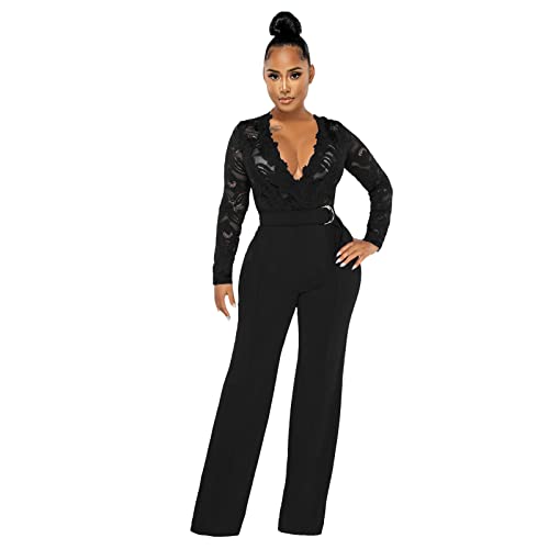Foweknow Jumpsuit Damen Elegant Einfarbig Ärmellos Spitze Overall Cocktail Party Festlich Hosenanzug Romper Weites Bein Playsuit Mit Gürtel Casual Sommer Playsuit Romper Hose Freizeithose von Foweknow