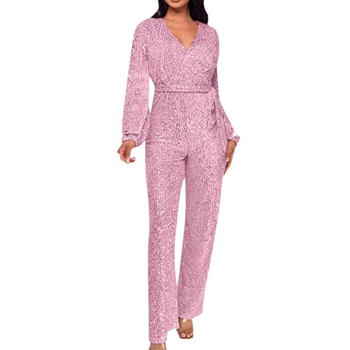 Foweknow Jumpsuit Damen Elegant Pailletten Rompers Glitzer Elegante Tiefe V-Ausschnitt Overall Damen Hohe Taille Playsuit Cocktail Party Festlich Sommerhose Playsuits Partykleid Ballkleid von Foweknow