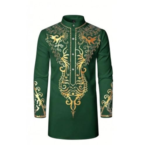 Foweknow Kaftan Herren Marokkanisch Langarm Kleid Nachthemd Outfit Ethnischer Druck Langarm Dashiki Tops Bluse Muslim Kaftan Dubai Robe Afrikanisches Tribal-Dashiki Hemd Islamische Kleidung von Foweknow