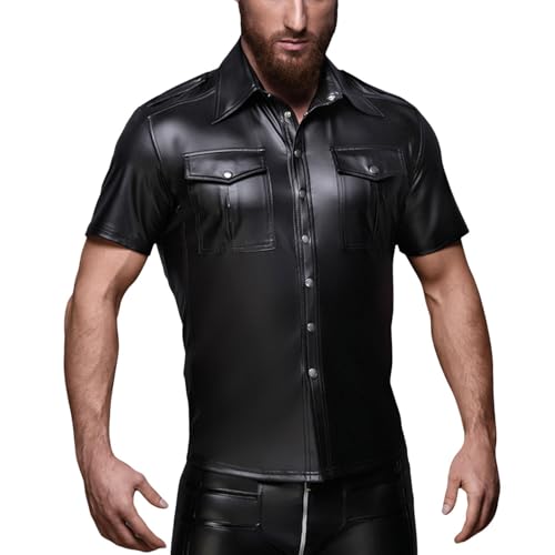 Foweknow Leder Hemd Herren Lack-Optik Wetlook T-Shirt Kurzarm Kunstleder Freizeithemd Männer Slim Fit Latex Glänzend Tops Muskelshirt Sexy Revers Button Down Oberteil Performance Kostüm von Foweknow