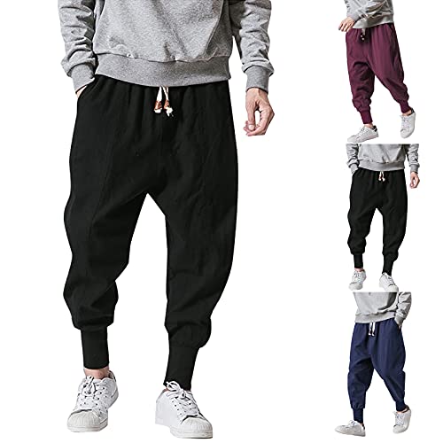 Foweknow Leinenhose Herren Leicht Japanisch Aladinhose Pluderhose Baggy Yoga Sommerhose Lang Luftig Freizeithose Mit Taschen Bequeme Casual Einfarbiges Elastische Taille Hosen Streetwear von Foweknow