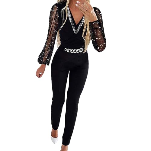 Foweknow Pailletten Overall Damen Glitzer Jumpsuit Damen Party Einteiliges Outfit Hosenanzug Glänzend Lang Playsuit Casual Sommer Lang Slim Fit Jumpsuit Abschlussball Verkleidung von Foweknow