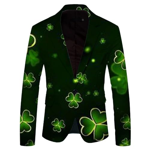 Foweknow Sakko Herren St. Patrick's Day Regular Fit Blazer Langarm Irisches Grünes Kleeblatt Blumenmuster Sakko Sportlich Anzugjacket Mantel Irish Kostüm Für Mottoparty Karneval Kostüm von Foweknow