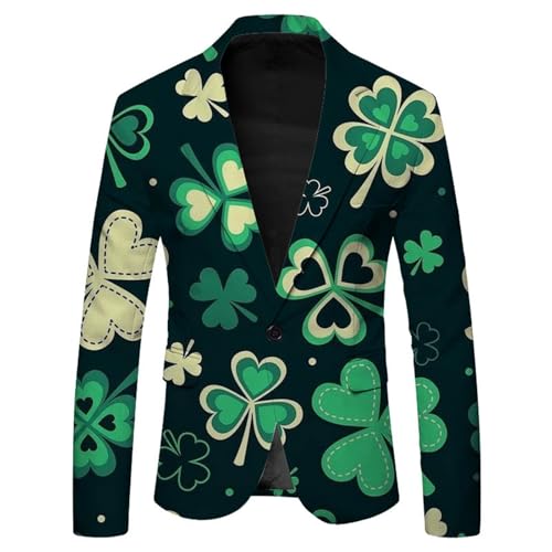 Foweknow Sakko Herren St. Patrick's Day Regular Fit Blazer Langarm Irisches Grünes Kleeblatt Blumenmuster Sakko Sportlich Anzugjacket Mantel Irish Kostüm Für Mottoparty Karneval Kostüm von Foweknow