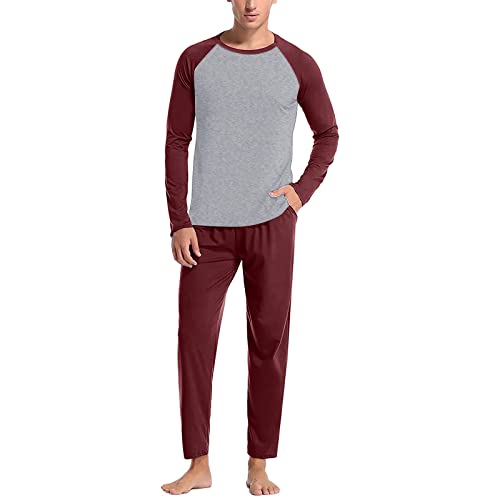 Foweknow Schlafanzug Herren Lang Pyjama Winter Zweiteiliges Set Farbblock Langarmshirt Lange Pyjamahose Set Nachtwäsche Männer Weiche Bequeme Hausanzug Lässig Loungwear Nachtwäsche von Foweknow