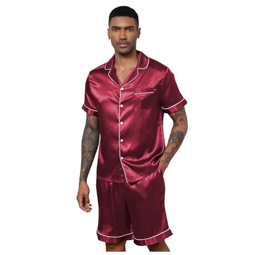 Foweknow Sommer Outfit Herren Kurz Satin Schlafanzug Kurzarm Pyjama Set Mit Shorts Seiden Schlaf T-Shirt Schlafanzughose Zweiteiliges Nachtwäsche Mit Knopfleiste Hausanzug Loungewear von Foweknow