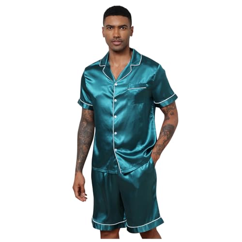 Foweknow Sommer Outfit Herren Kurz Satin Schlafanzug Kurzarm Pyjama Set Mit Shorts Seiden Schlaf T-Shirt Schlafanzughose Zweiteiliges Nachtwäsche Mit Knopfleiste Hausanzug Loungewear von Foweknow
