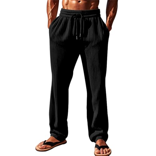 Foweknow Strickhose Herren Gerippte Strandhose Sommer Weitem Stoffhose Lockere Freizeithose Vertikale Streifen Modische Sporthose Alltag Urlaub Vielseitige Lang Hose Mit Kordelzug von Foweknow