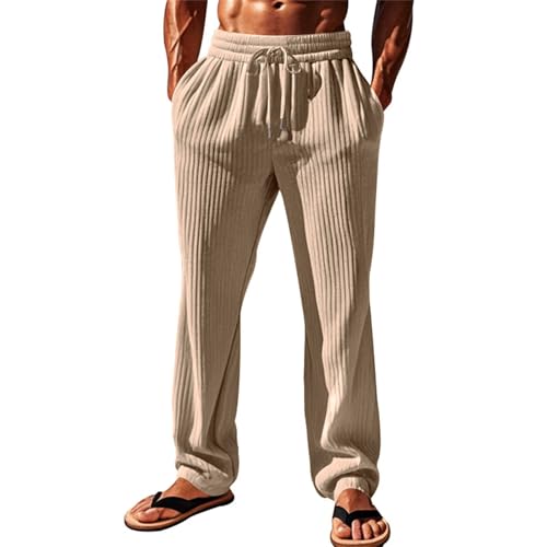 Foweknow Strickhose Herren Gerippte Strandhose Sommer Weitem Stoffhose Lockere Freizeithose Vertikale Streifen Modische Sporthose Alltag Urlaub Vielseitige Lang Hose Mit Kordelzug von Foweknow