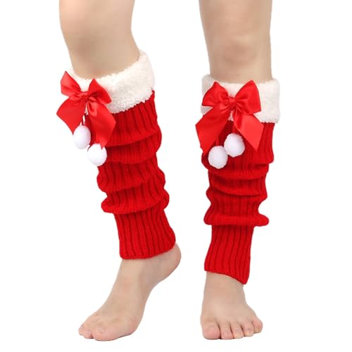 Foweknow Stulpensocken Damen Weihnachts Beinwärmer Mit Schleifen Warm Plüschsocken Bequeme Thermosocken Wintersocken Gestrickte Kniestrümpfe Rentier Schneeflocke Weihnachtsmotiv von Foweknow