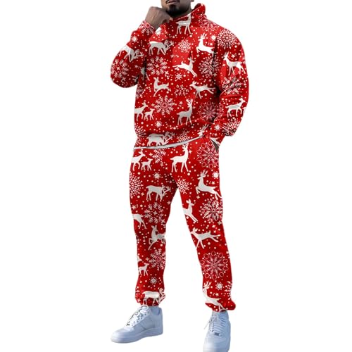 Foweknow Weihnachtsanzug Herren Jogginganzug 2 Teilig Rentier Weihnachtsbaum Druck Sportanzug Modische Langarm Hoodie Elastische Chino Hose Set Festlich Xmas Kostüm Trainingsanzug von Foweknow