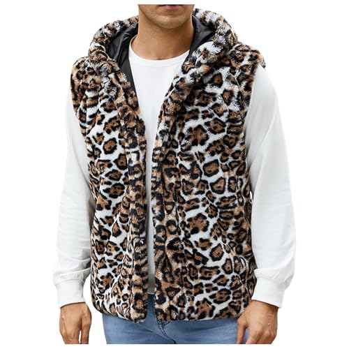 Foweknow Weste Herren Leopard Fleece Fellweste Ärmellos Vielseitige Bodywarmer Freizeitweste Modische Trendings Regular Fit Pelzmantel Plüsch Bequeme Lässig Outdoorjacke von Foweknow