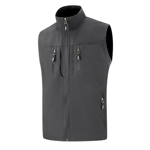 Fowjknww Herren Arbeitsweste Sommer Outdoor Weste Leicht Anglerweste Dünne Freizeitweste Stehkragen Atmungsaktiv Multifunktionsweste Ärmellos Jacke mit Reißverschluss und Multi Taschen von Fowjknww