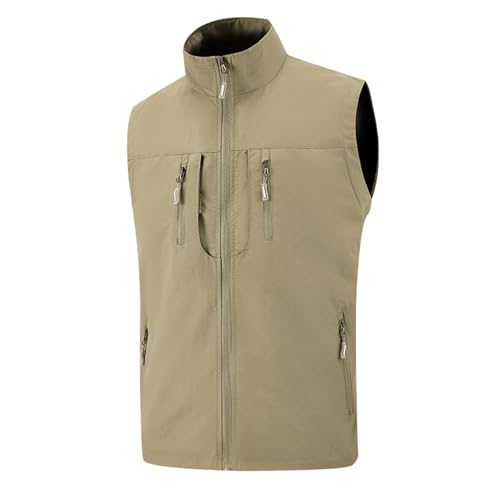 Fowjknww Herren Arbeitsweste Sommer Outdoor Weste Leicht Anglerweste Dünne Freizeitweste Stehkragen Atmungsaktiv Multifunktionsweste Ärmellos Jacke mit Reißverschluss und Multi Taschen von Fowjknww
