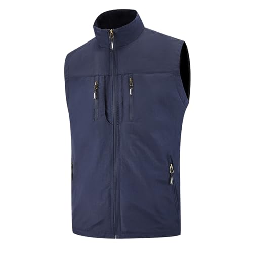 Fowjknww Herren Arbeitsweste Sommer Outdoor Weste Leicht Anglerweste Dünne Freizeitweste Stehkragen Atmungsaktiv Multifunktionsweste Ärmellos Jacke mit Reißverschluss und Multi Taschen von Fowjknww