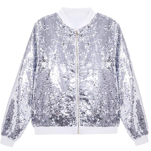 Fowjknww Herren Jacke Pailletten Bomberjacke Shiny Sparkly Glitter Varsity Jacke Halloween Party Disco Kleidung Leicht Glänzende Clubwear Casual Lässiges Comfort Outwear Streetwear von Fowjknww