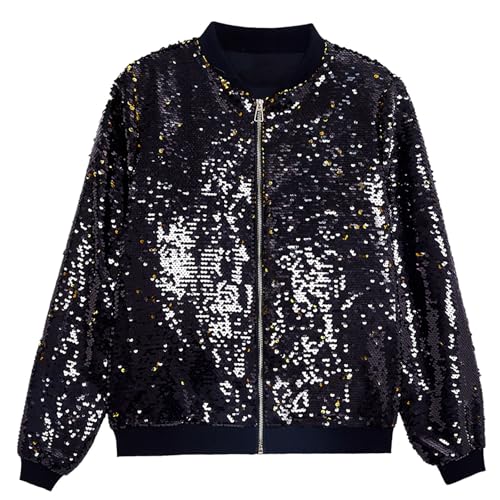 Fowjknww Herren Jacke Pailletten Bomberjacke Shiny Sparkly Glitter Varsity Jacke Halloween Party Disco Kleidung Leicht Glänzende Clubwear Casual Lässiges Comfort Outwear Streetwear von Fowjknww