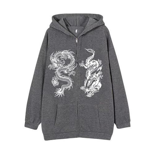 Fowjknww Kapuzenpullover Herren Dragon Print Sweatjacke Zip Oversized Lockere Männer Hoody Drachen Muster Langarm Pullover Chinesischer Ethnic Stil Frezeit Streetwear Sportjacke von Fowjknww