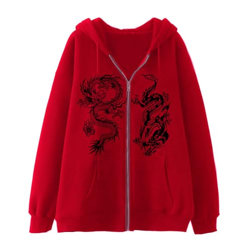 Fowjknww Kapuzenpullover Herren Dragon Print Sweatjacke Zip Oversized Lockere Männer Hoody Drachen Muster Langarm Pullover Chinesischer Ethnic Stil Frezeit Streetwear Sportjacke von Fowjknww
