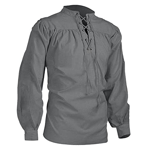 Fowjknww Langarmhemd Herren Ethnisches Vintage Hemd Folk Stil Schnürhemd Steampunk Mittelalter Gothic Top Freizeithemd Leinenhemd Halloween Hemden Klassisches Piratenhemd Kleidung von Fowjknww