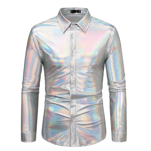 Fowjknww Langarmhemd Herren Pailletten Slim Fit Hemd Metallic Disco Glänzend Solide Freizeitkleidung Für Männer Regular Fit Businesshemd Tanz Nachtklub Verkleidung Glitzer Kustüm von Fowjknww