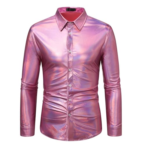 Fowjknww Langarmhemd Herren Pailletten Slim Fit Hemd Metallic Disco Glänzend Solide Freizeitkleidung Für Männer Regular Fit Businesshemd Tanz Nachtklub Verkleidung Glitzer Kustüm von Fowjknww
