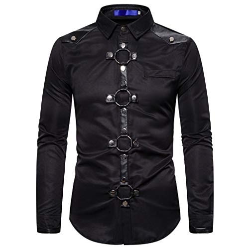 Fowjknww Langarmshirt Herren Retro Steampunk Kleidung Business Hochzeit Frezeitjacke Leder Knopf Shirt Party Punk Outfits Gothic Revers Oberteil Rivet Rock Konzert Musik Festival Top von Fowjknww