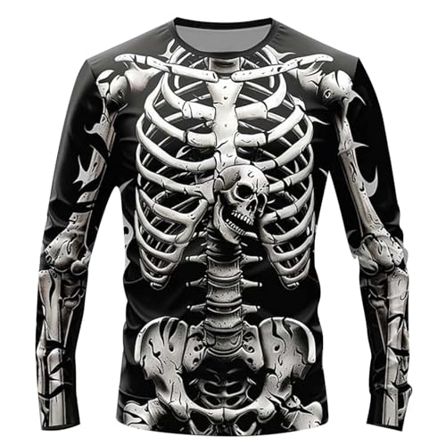 Fowjknww Langarmshirt Herren Skelett Druck Sweatshirt Halloween Lustiges Rundhals Frezeitshirt Atmungsaktives Bequemes Langarmshirt Lockeres Lässiges T Shirt Persönlichkeit Tracksuits von Fowjknww